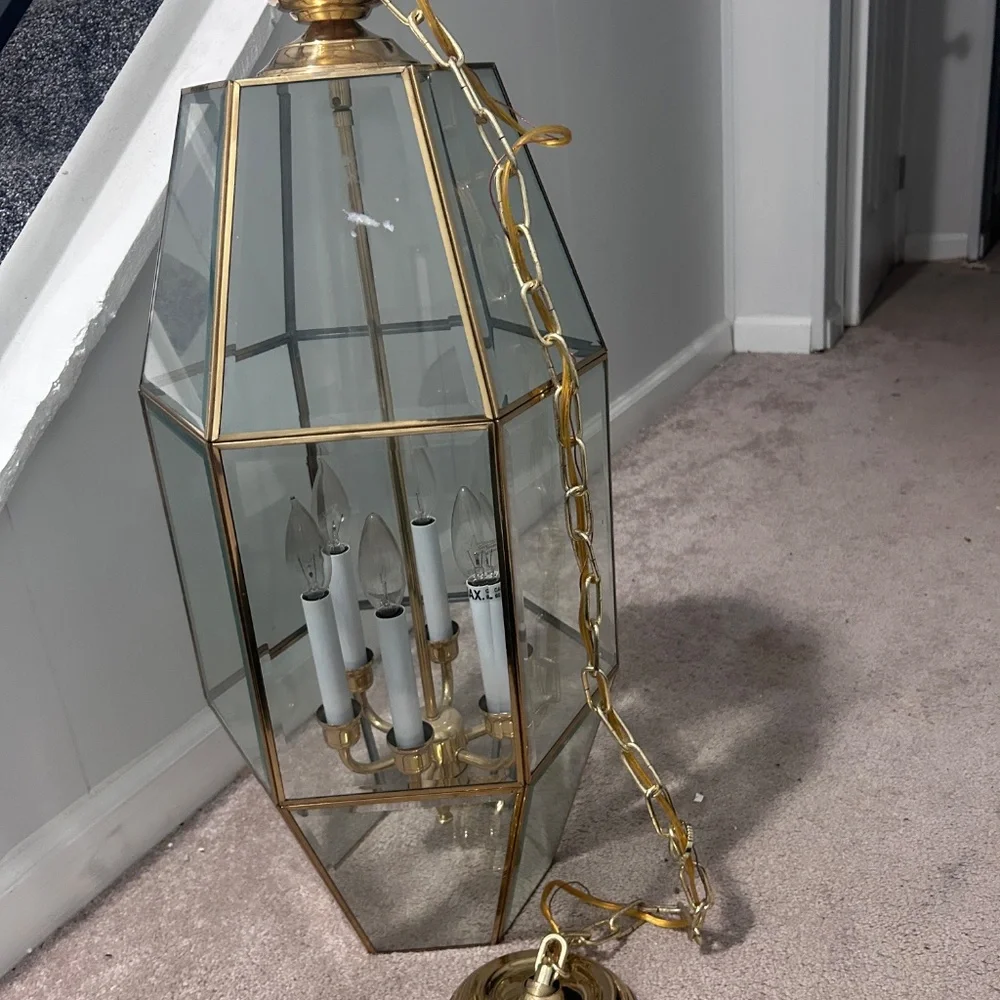 Vintage Fredrick Ramond Hanging 6 Light Candelabra Chandelier Beveled Glass